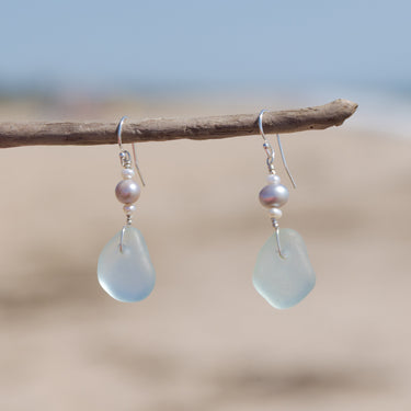 Aqua Blue Sea Glass + Freshwater Pearl Earrings